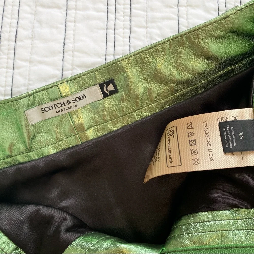 NWT Scotch & Soda Amsterdam 100% Sheep Leather Metallic Mini Skirt Fresh Mint XS